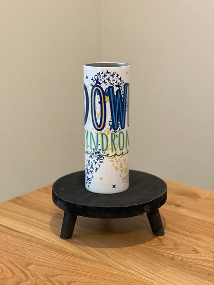 Down Syndrome Awareness Tumbler - Down Sydrome with Blue and Yellow Ribbons and Light Bulb & Flowers