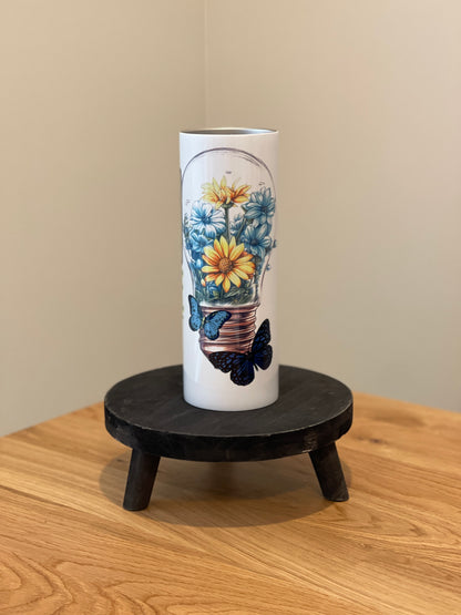 Down Syndrome Awareness Tumbler - Down Sydrome with Blue and Yellow Ribbons and Light Bulb & Flowers