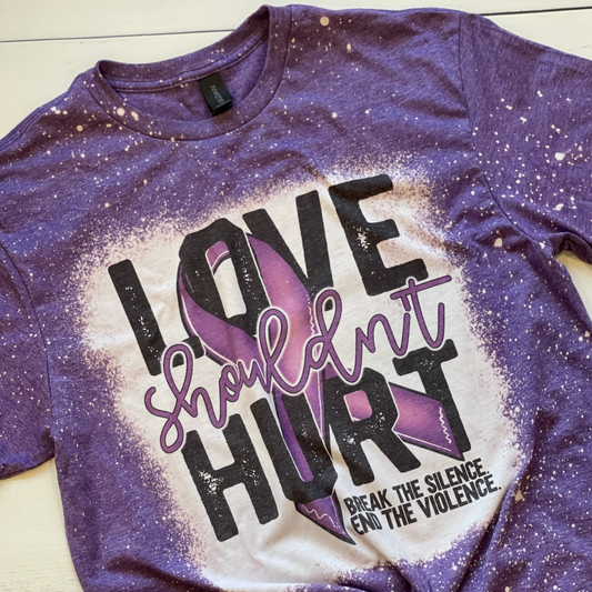 Love Shouldn't Hurt, Bleached Domestic Violence Awareness T-Shirt, Purple Ribbon