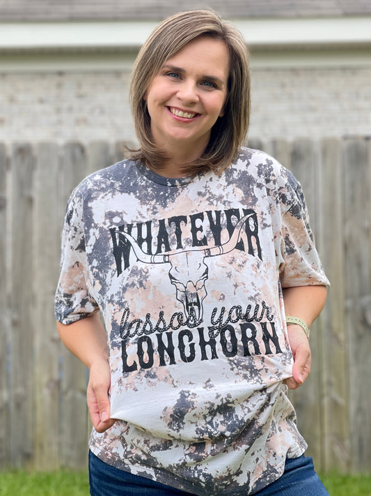 *Bleached* Cowhide "Whatever Lassos Your Longhorn" Screenprint Western T-Shirt for Ladies