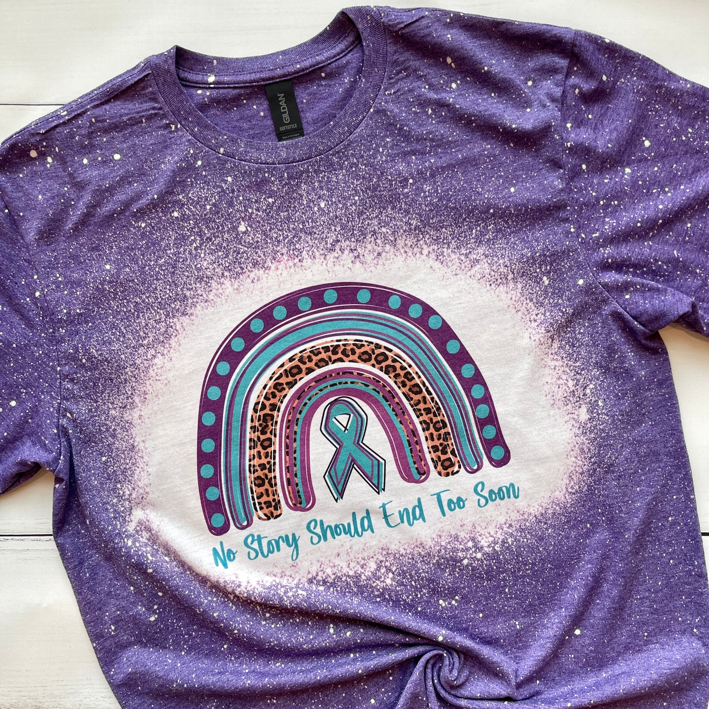 Bleached Suicide Prevention/Awareness Rainbow T-Shirt (Purple, Teal, Leopard with Teal Ribbon)