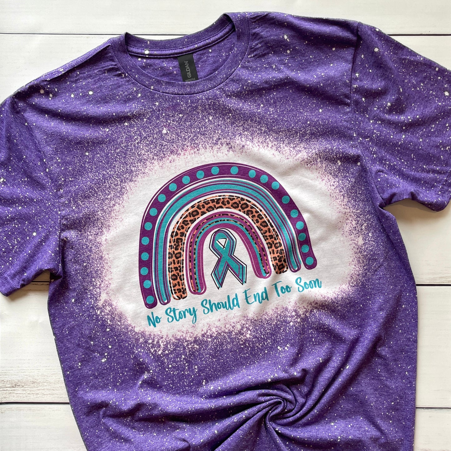 Bleached Suicide Prevention/Awareness Rainbow T-Shirt (Purple, Teal, Leopard with Teal Ribbon)