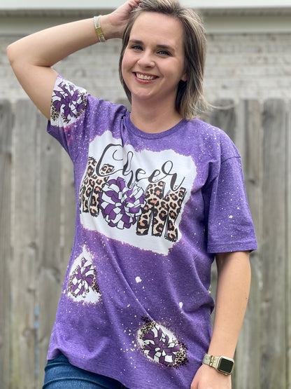 Bleached Cheer Mom Tshirt with Patches of Customized Pom Poms and Leopard Print, Bleached Shirt for Cheer Moms, Football Season, Game Day