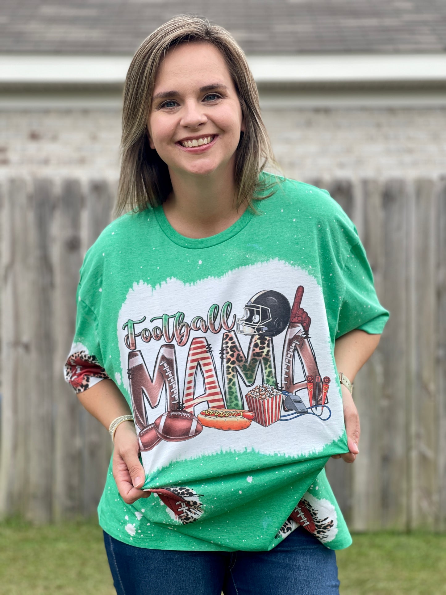 Bleached Football Mom Tshirt with Patches of Footballs and Leopard Print, Bleached Shirt for Football Moms, Football Season, Game Day