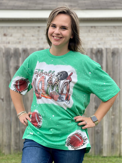 Bleached Football Mom Tshirt with Patches of Footballs and Leopard Print, Bleached Shirt for Football Moms, Football Season, Game Day