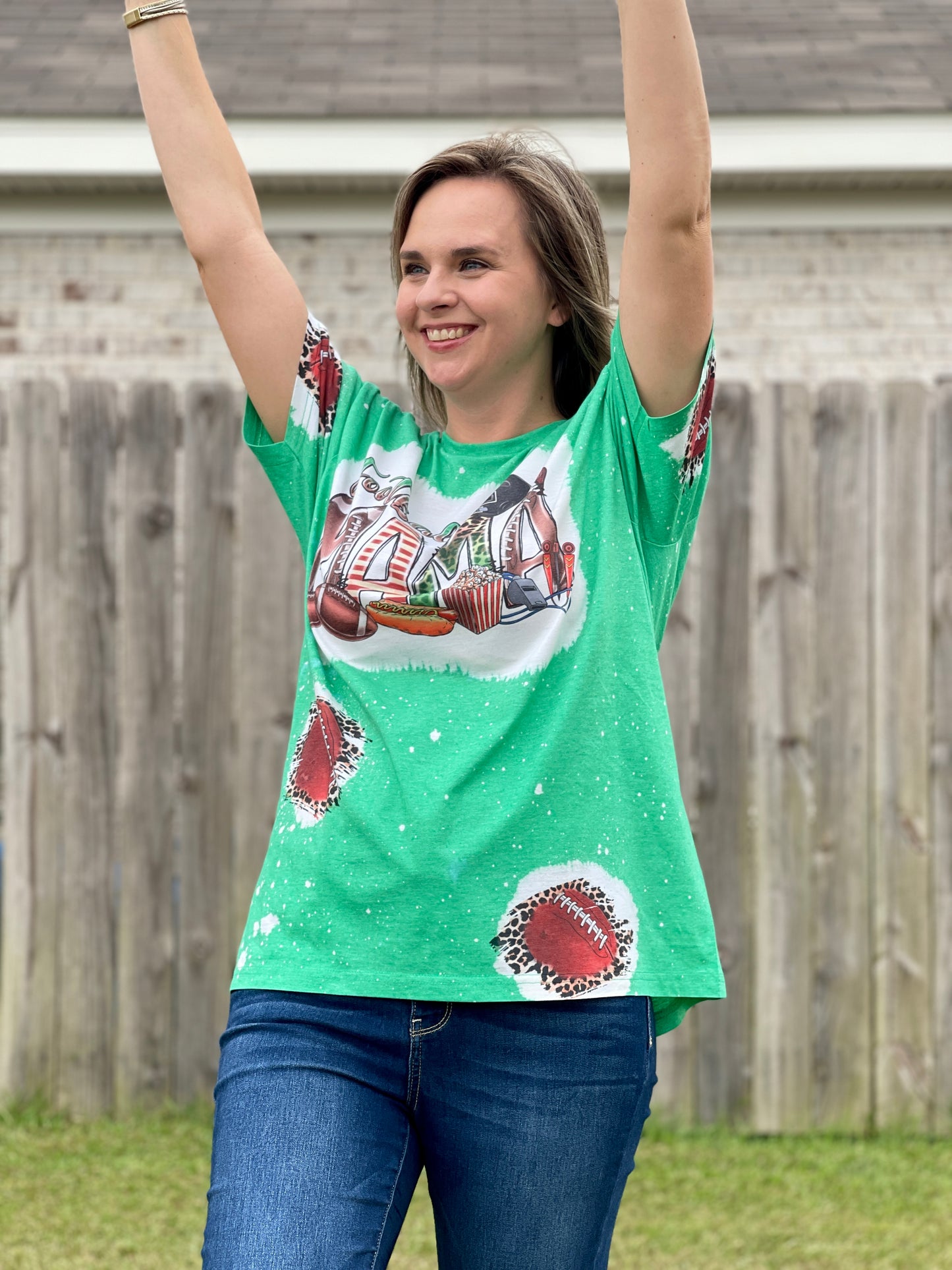 Bleached Football Mom Tshirt with Patches of Footballs and Leopard Print, Bleached Shirt for Football Moms, Football Season, Game Day