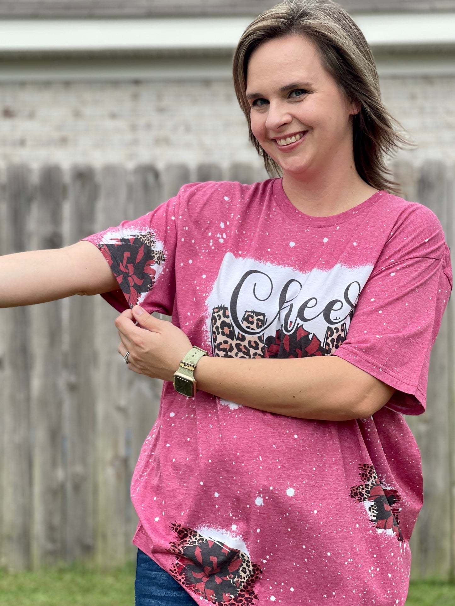 Bleached Cheer Mom Tshirt with Patches of Customized Pom Poms and Leopard Print, Bleached Shirt for Cheer Moms, Football Season, Game Day