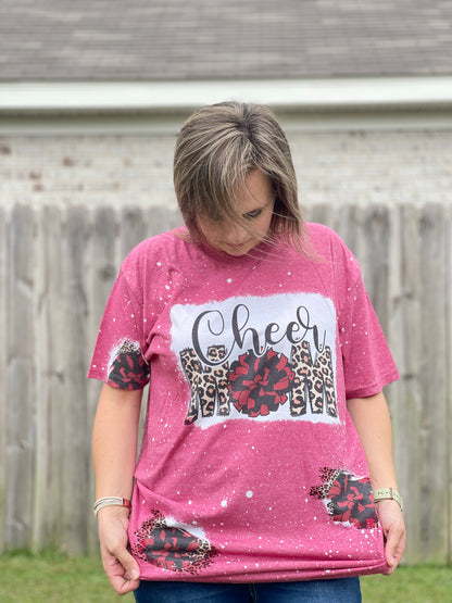 Bleached Cheer Mom Tshirt with Patches of Customized Pom Poms and Leopard Print, Bleached Shirt for Cheer Moms, Football Season, Game Day