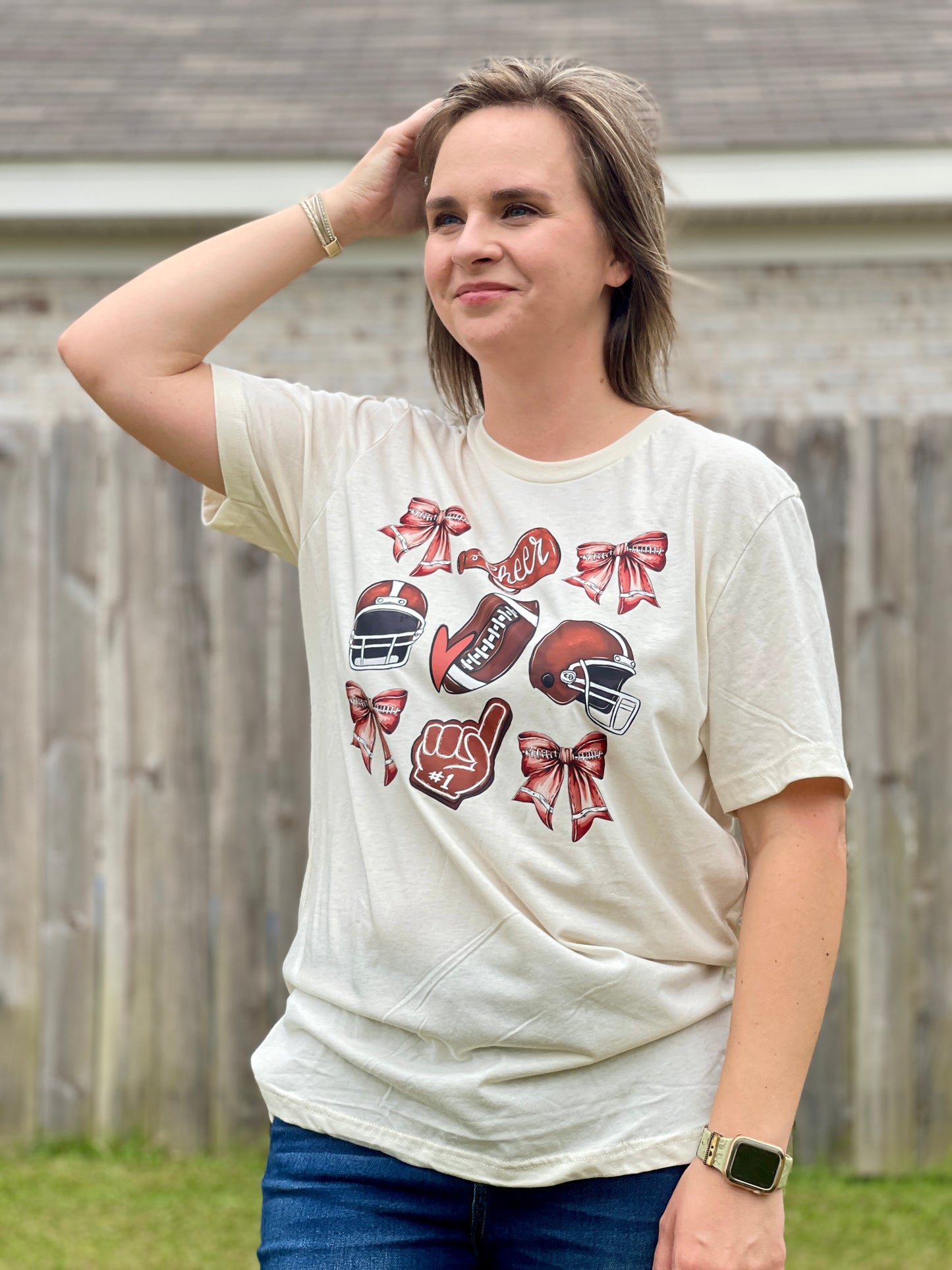 Football Season, Coquette Bow Grid T-Shirt for Girls and Ladies