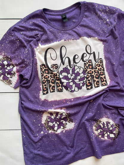 Bleached Cheer Mom Tshirt with Patches of Customized Pom Poms and Leopard Print, Bleached Shirt for Cheer Moms, Football Season, Game Day