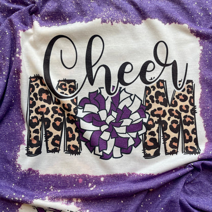 Bleached Cheer Mom Tshirt with Patches of Customized Pom Poms and Leopard Print, Bleached Shirt for Cheer Moms, Football Season, Game Day