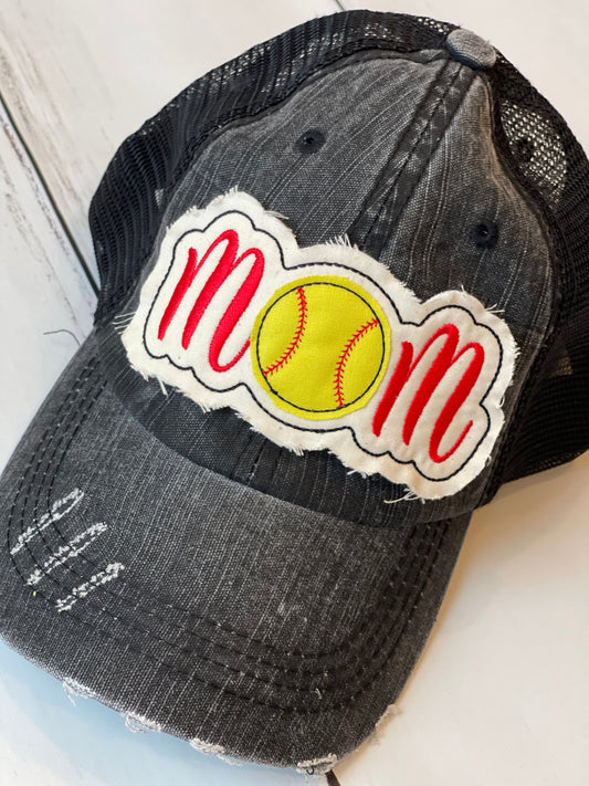 Ladies/Girls Softball Mom Trucker Hat with Embroidered Raggy Patch for Softball Season