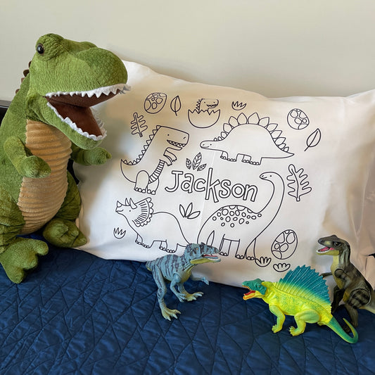 Personalized custom pillow case for children to color with their name on it - dinosaurs