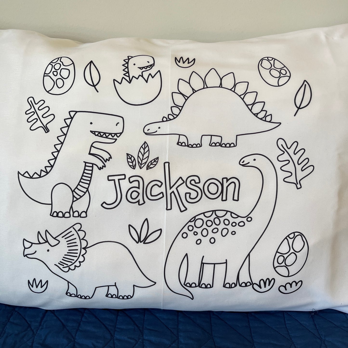 Personalized custom pillow case for children to color with their name on it - dinosaurs