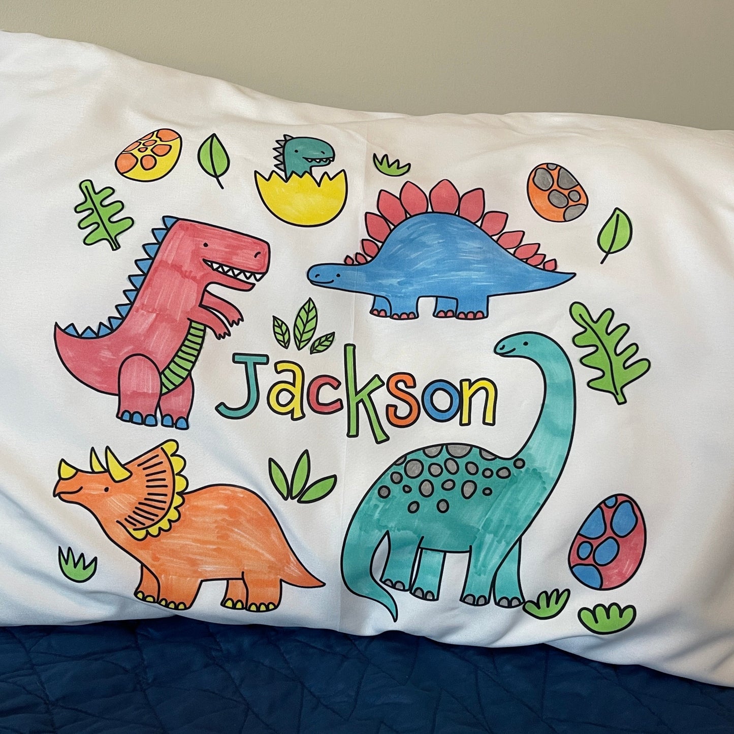 Personalized custom pillow case for children to color with their name on it - dinosaurs