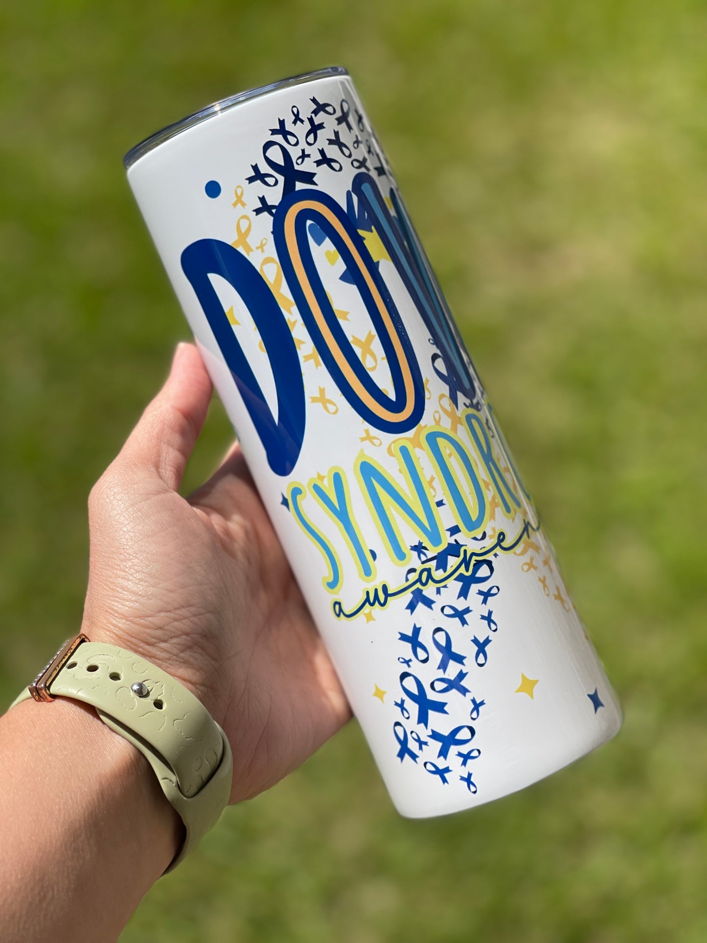 Down Syndrome Awareness Tumbler - Down Sydrome with Blue and Yellow Ribbons and Light Bulb & Flowers