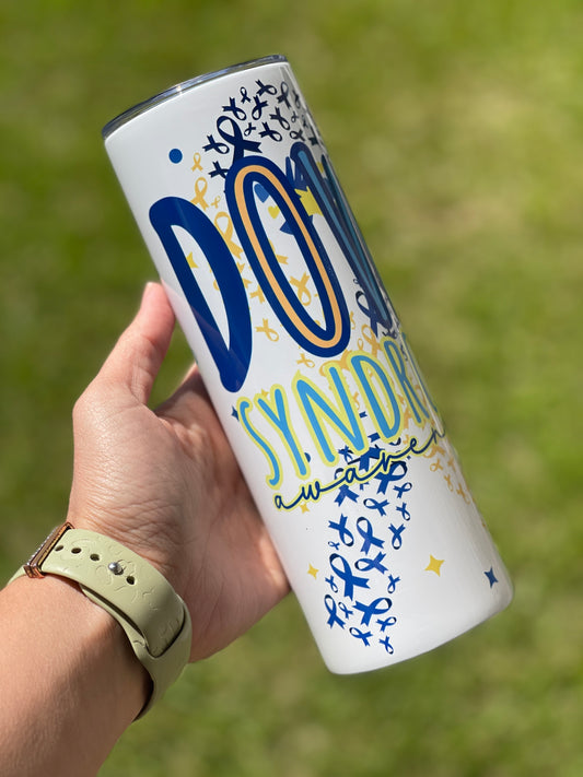 Down Syndrome Awareness Tumbler - Down Sydrome with Blue and Yellow Ribbons and Light Bulb & Flowers