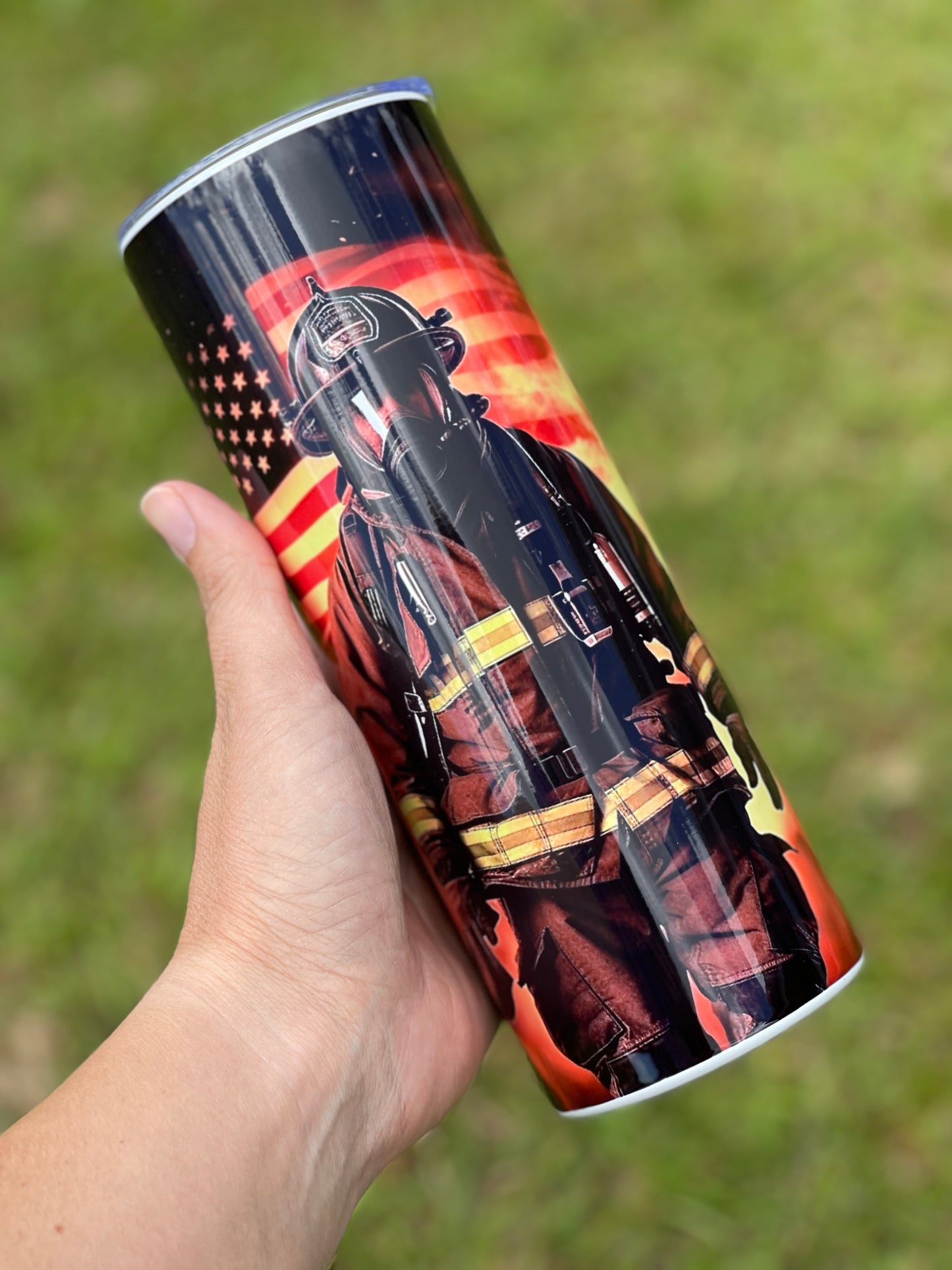 Firefighter Tumbler - Fireman with Flag Lit Behind Him