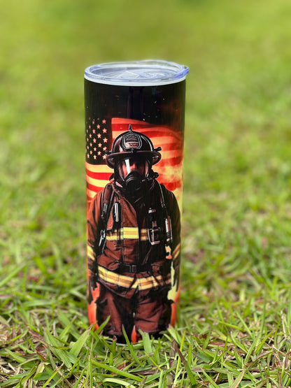 Firefighter Tumbler - Fireman with Flag Lit Behind Him