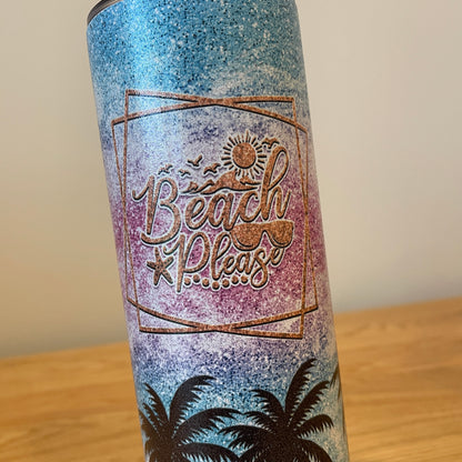 Beach Glitter Tumbler - Colorful Beach Sunset with Palm Trees, Personalized or Not