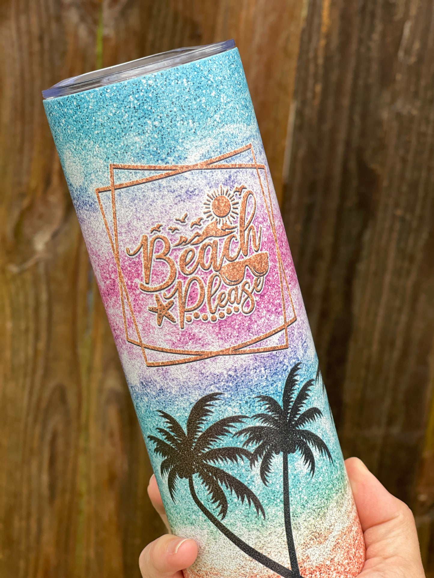 Beach Glitter Tumbler - Colorful Beach Sunset with Palm Trees, Personalized or Not