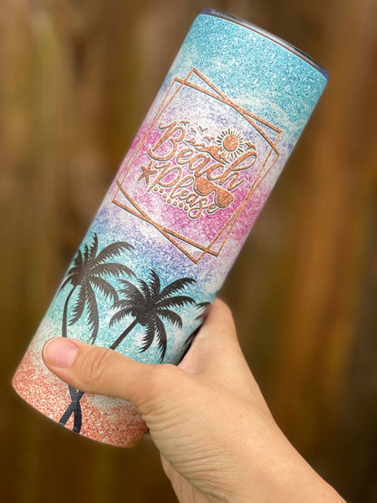 Beach Glitter Tumbler - Colorful Beach Sunset with Palm Trees, Personalized or Not