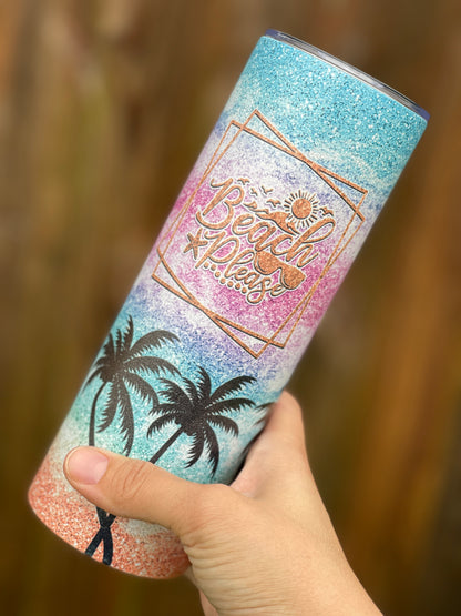 Beach Glitter Tumbler - Colorful Beach Sunset with Palm Trees, Personalized or Not