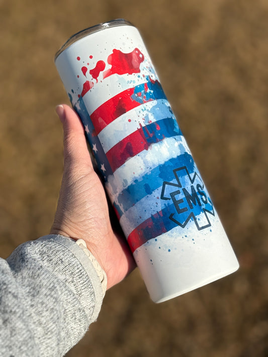 EMS Tumbler - Paramedic Star on Splatter Flag and White Background