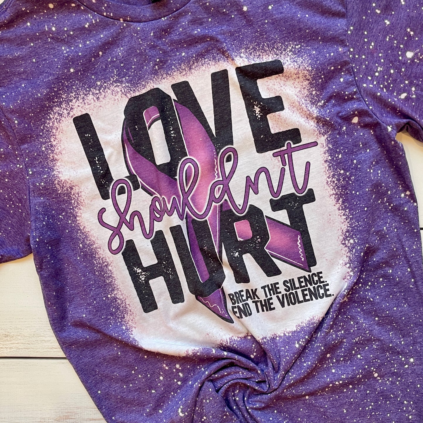 Love Shouldn't Hurt, Bleached Domestic Violence Awareness T-Shirt, Purple Ribbon