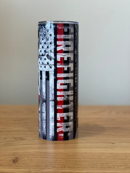 Firefighter Tumbler - Ripped Red Line Flag with Vertical "Firefighter" in Red and White