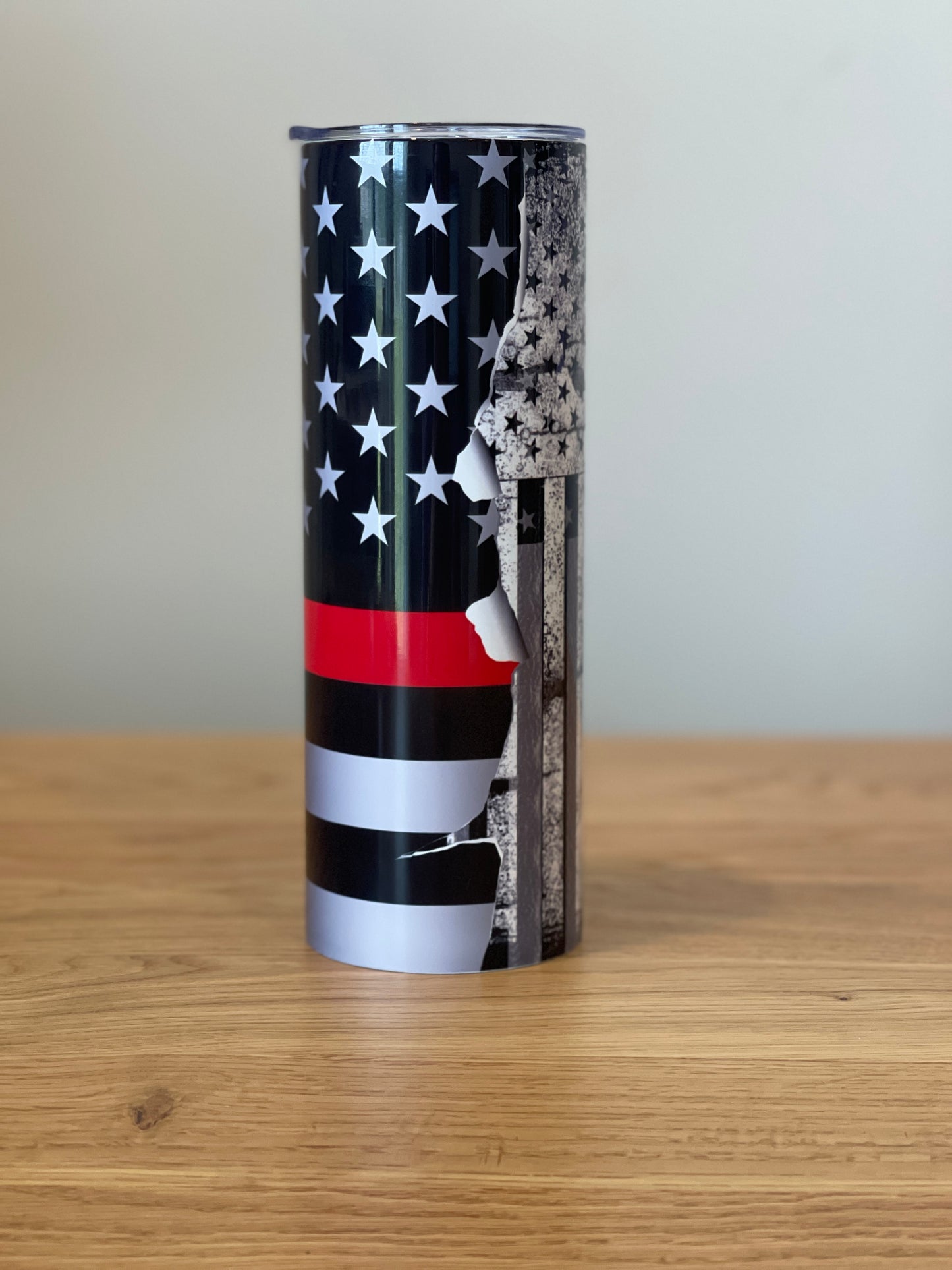 Firefighter Tumbler - Ripped Red Line Flag with Vertical "Firefighter" in Red and White