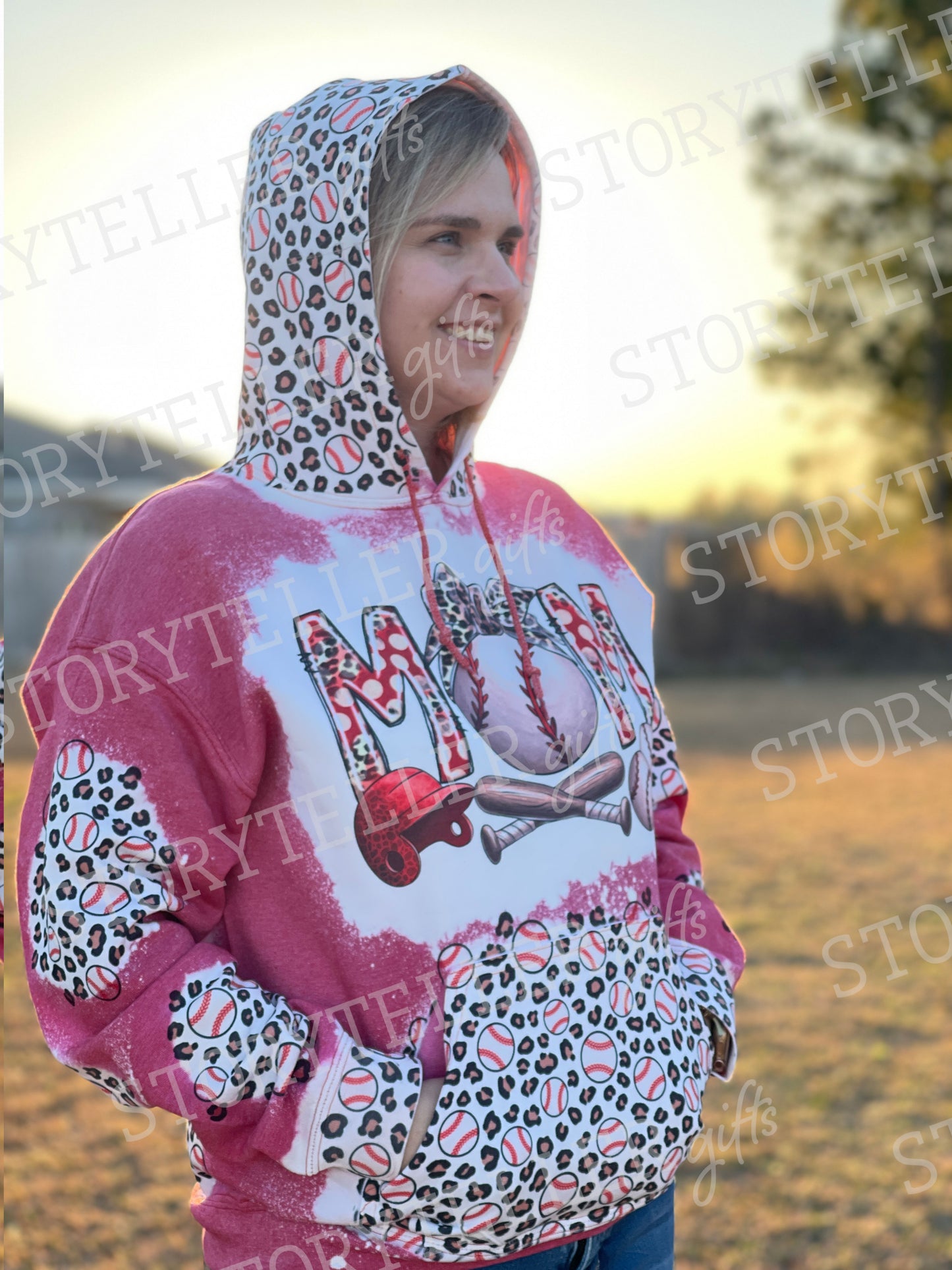 *Bleached* Baseball Mom Hoodie with Patches of Baseballs and Leopard Print