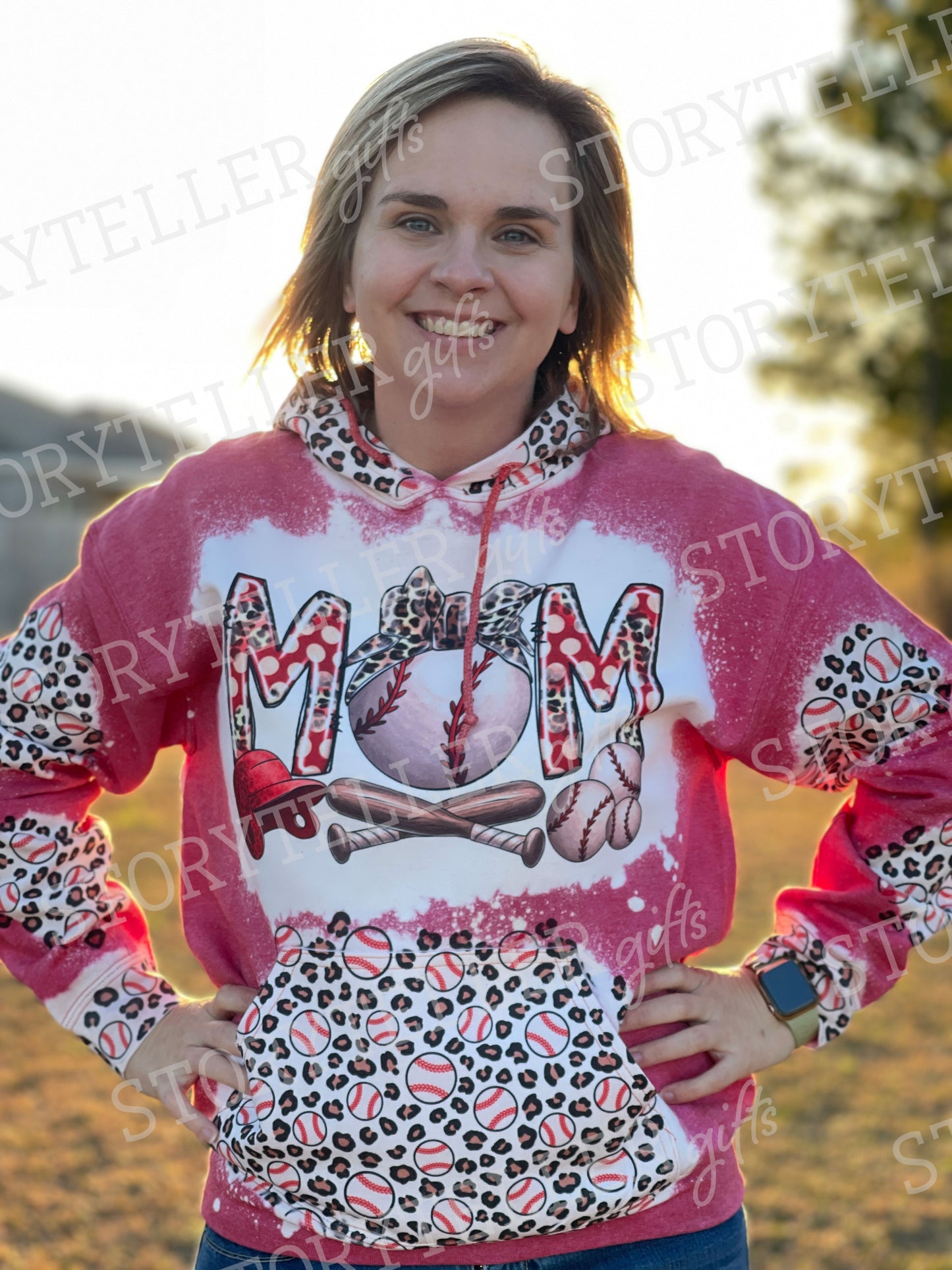 *Bleached* Baseball Mom Hoodie with Patches of Baseballs and Leopard Print