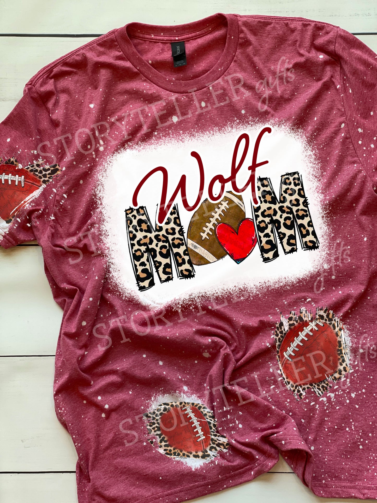 Bleached *CUSTOM MASCOT* Football Mom (Basic Font) Tshirt with Patches of Footballs and Leopard Print, Bleached Shirt for Football Moms, Football Season, Game Day