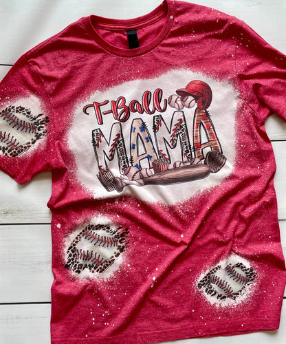 Bleached T-Ball Mama Tshirt with Patches of Baseballs and Leopard Print, Bleached Navy Shirt for T-Ball Moms, Tee Ball Shirt, Game Day