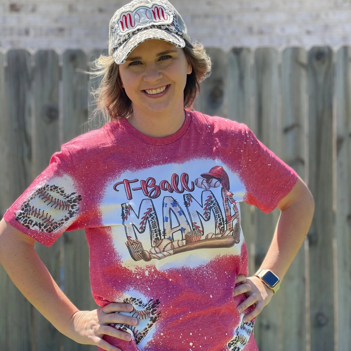 Bleached T-Ball Mama Tshirt with Patches of Baseballs and Leopard Print, Bleached Navy Shirt for T-Ball Moms, Tee Ball Shirt, Game Day