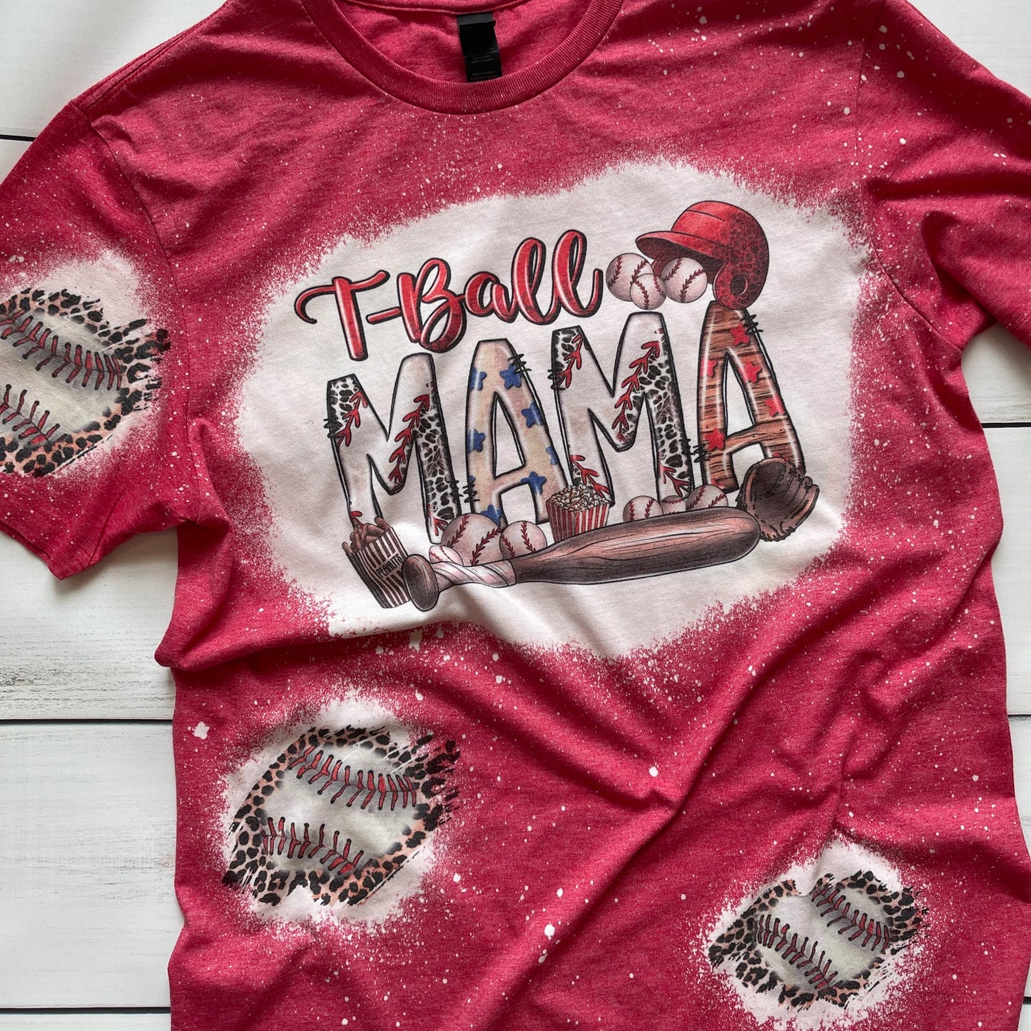 Bleached T-Ball Mama Tshirt with Patches of Baseballs and Leopard Print, Bleached Navy Shirt for T-Ball Moms, Tee Ball Shirt, Game Day