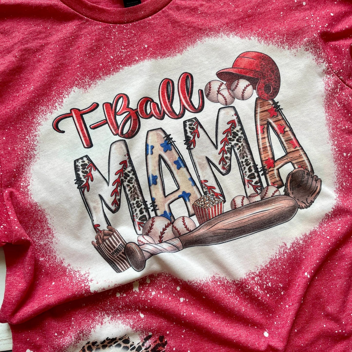 Bleached T-Ball Mama Tshirt with Patches of Baseballs and Leopard Print, Bleached Navy Shirt for T-Ball Moms, Tee Ball Shirt, Game Day