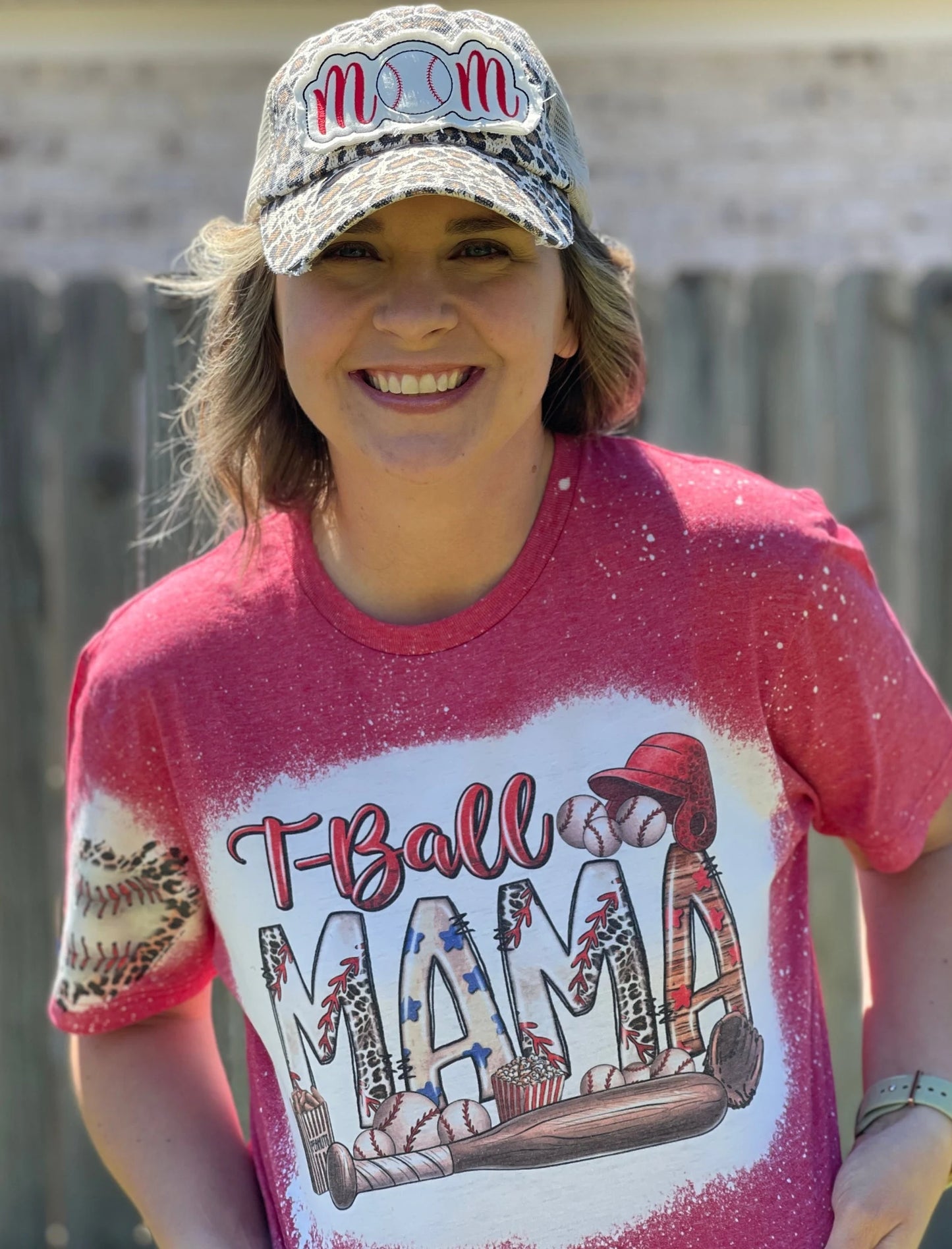 Bleached T-Ball Mama Tshirt with Patches of Baseballs and Leopard Print, Bleached Navy Shirt for T-Ball Moms, Tee Ball Shirt, Game Day