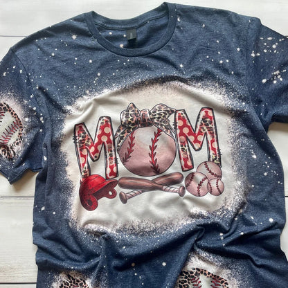 Bleached Baseball Mom Tshirt with Patches of Baseballs and Leopard Print, Bleached Navy Shirt for Baseball Moms, Baseball Shirt, Game Day