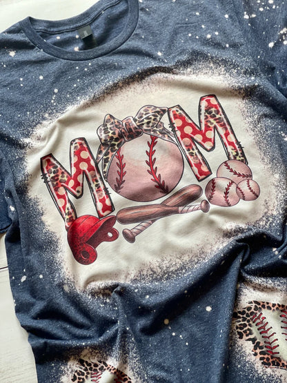 Bleached T-Ball Mama Tshirt with Patches of Baseballs and Leopard Print, Bleached Navy Shirt for T-Ball Moms, Tee Ball Shirt, Game Day