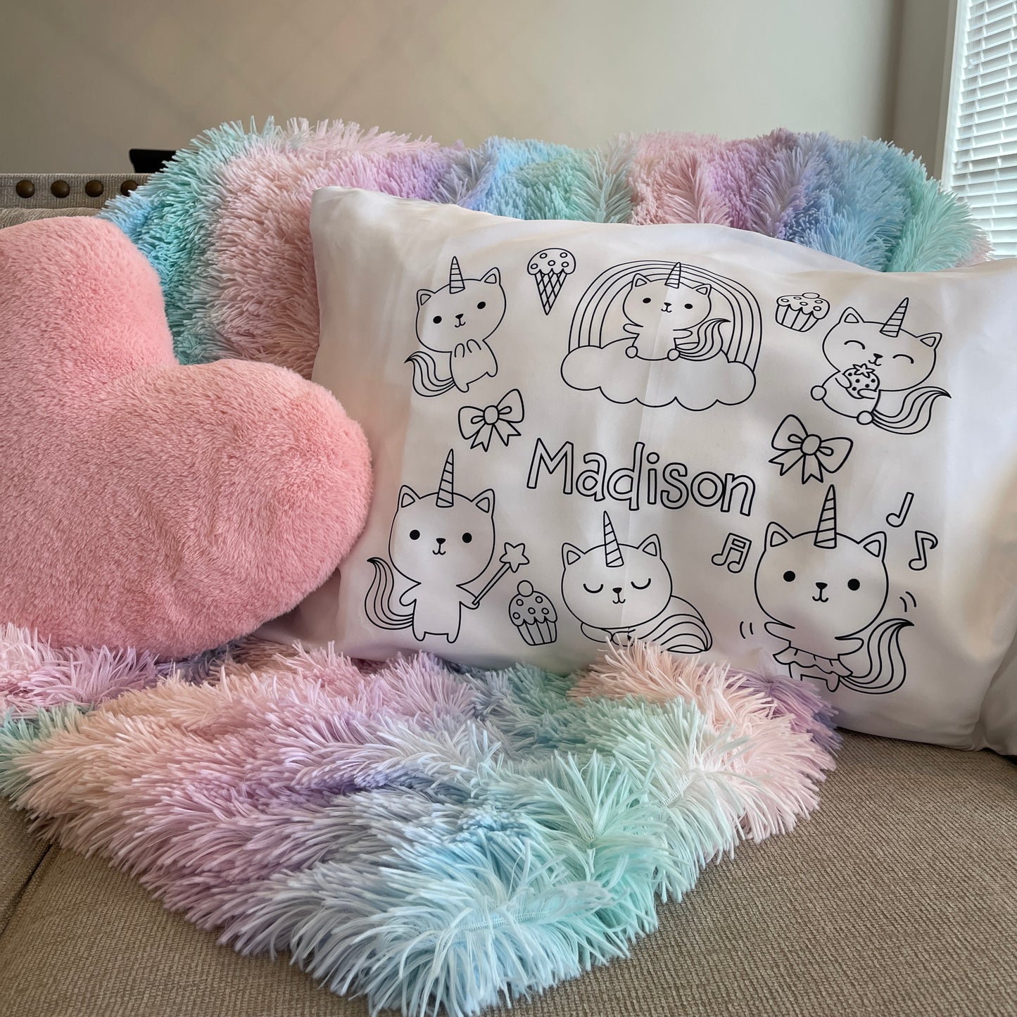 Personalized custom pillow case for children to color with their name on it - cat unicorns