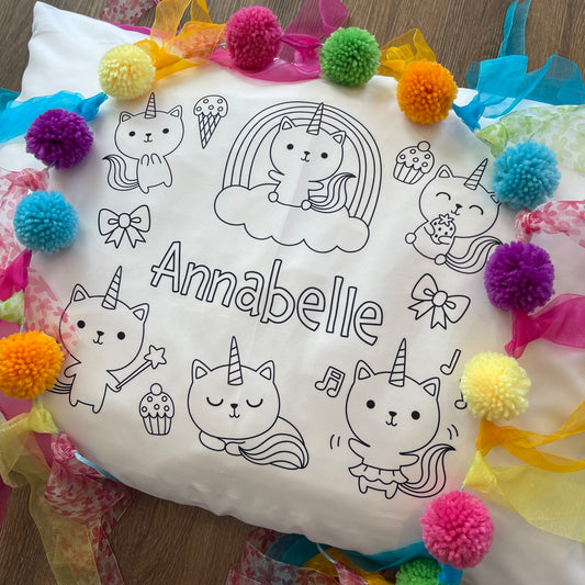 Personalized custom pillow case for children to color with their name on it - cat unicorns